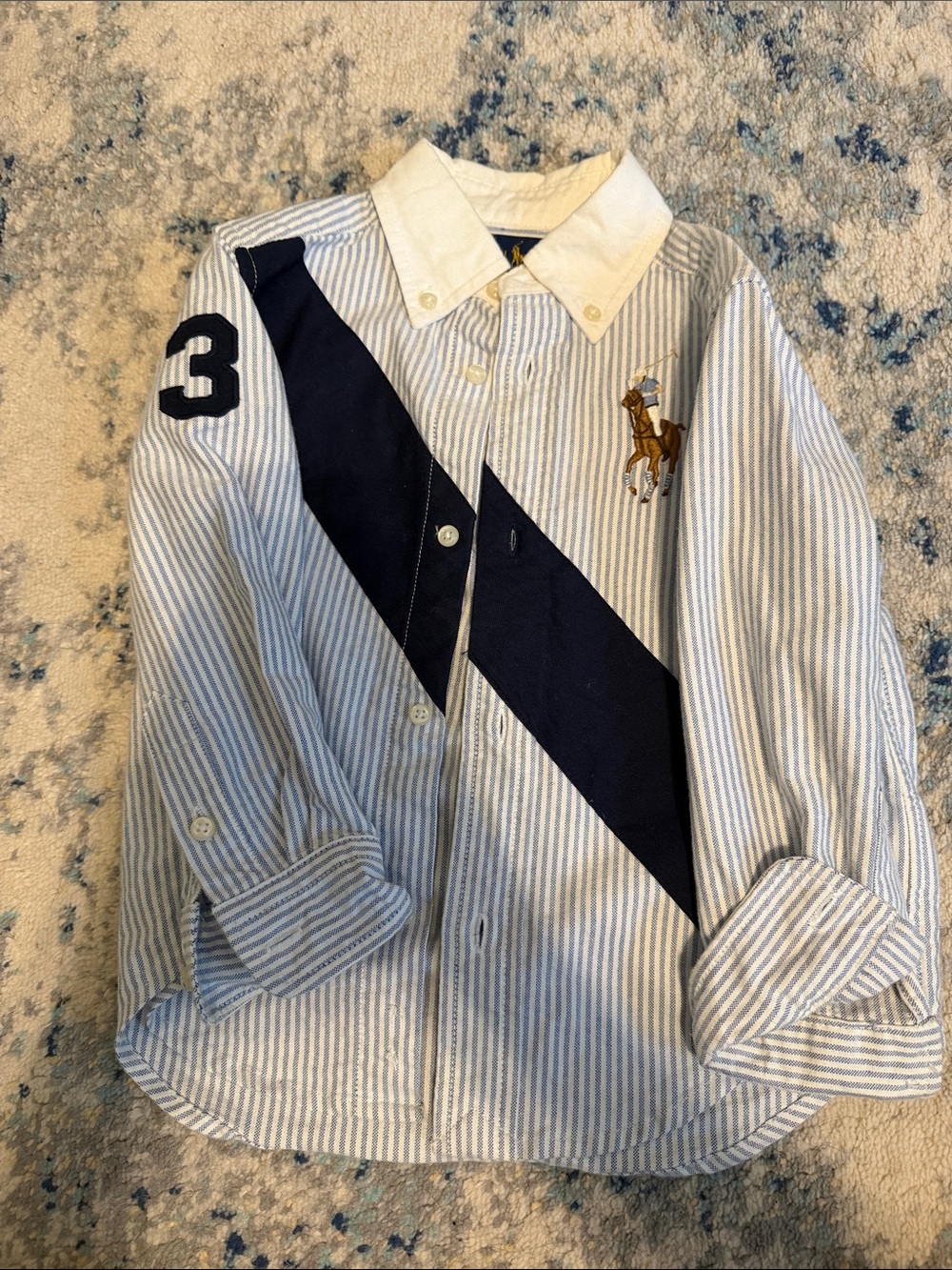 Polo by Ralph Lauren Blue & White Striped Button-Down with Navy Diagonal Sash